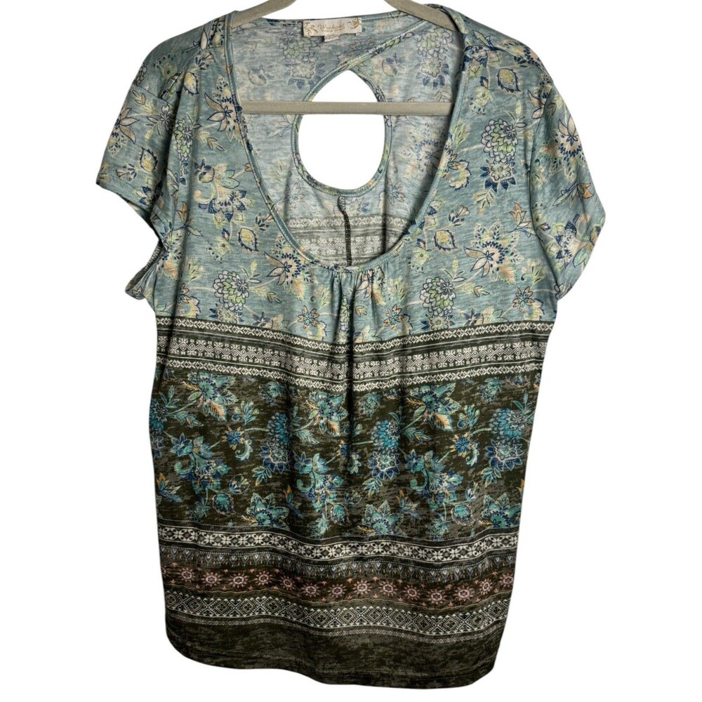Women's Plus Size 1X Blue Mix Pattern Short Sleeve Boho Top Keyhole Back Summer